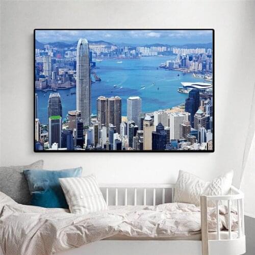 Canvas Paint World City Landscape Prints,Hong Kong ,Building,Gulf,Nordic Style Wall Poster,For Living Room Home Decor Unframed