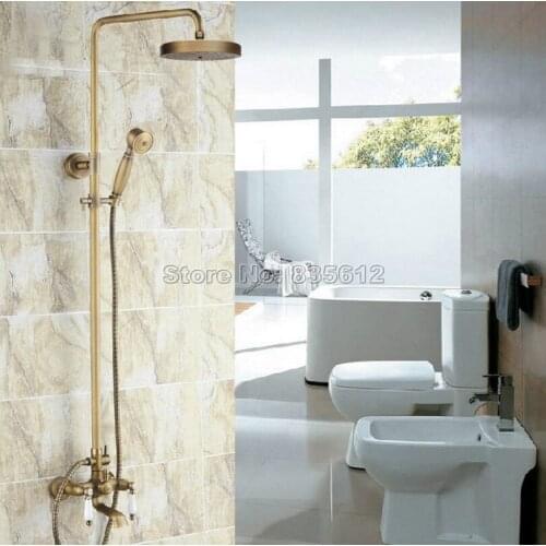 Classic Antique Brass Finish Bathroom Wall Mount Round Rain Shower Faucet Set with Ceramic Handles Tub Mixer Taps Wrs148