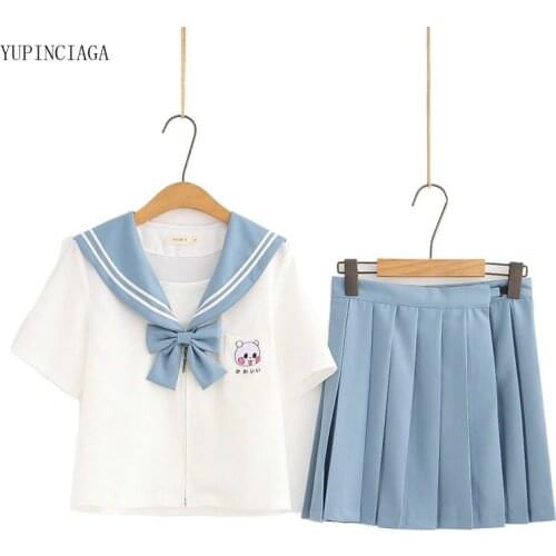 Summer 2 Piece Set Women Japanese Sailor Collar Shirt Pleated Skirt Female Embroidery Preppy Style For Women Sets 2115612