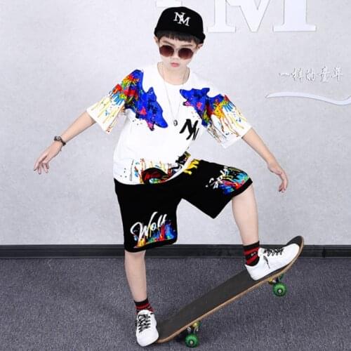 Fashion 2021 New Baby Boys Cartoon Wolf Print Short sleeve T-shirt+shorts Print Kids Girls Suit Casual Childrens Sets Clothing