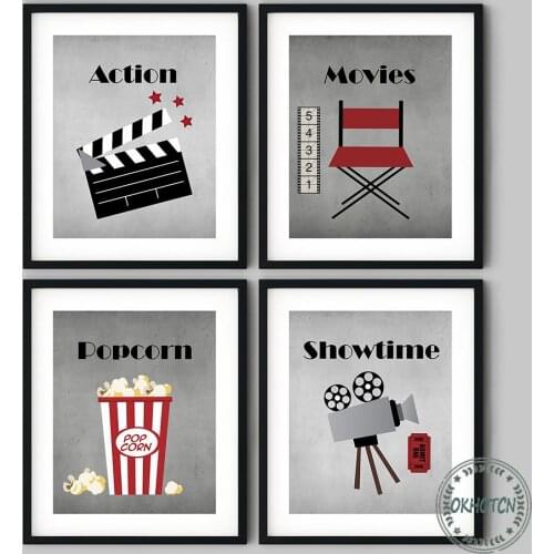 Cartoon Movie Theater Thing Canvas Painting Popcorn Film Clapper Chair Projection Lamp Poster Wall Art Picture for Cinema Decor