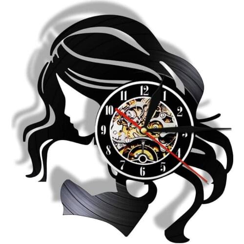 Beauty Lady With Long Hair Vintage Vinyl Record Wall Clock Beauty Salon Business Sign Woman HairCare Barber Wall Clock Watch