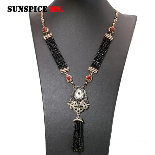 SUNSPICE-MS Handmade Bead Pendant Necklace For Women Full Rhinestone Nigerian Wedding Jewelry Long Natural Stone Chain Boho Gift