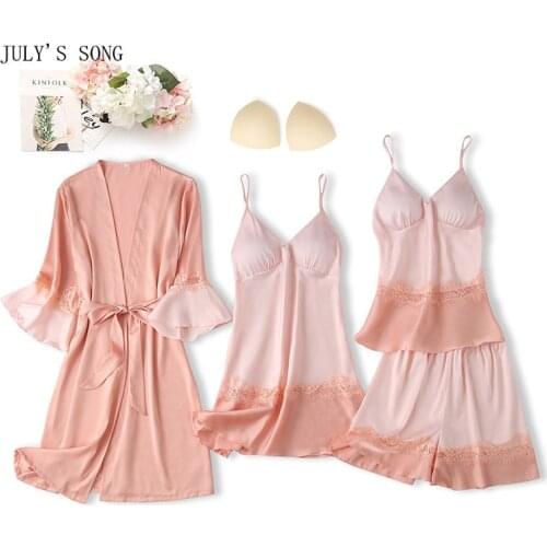JULYS SONG New 4PCS Faux Silk Women Pajamas Sets Spring Summer Sexy Lace Female SleepWear Sling Nightdress Woman Robe Satin