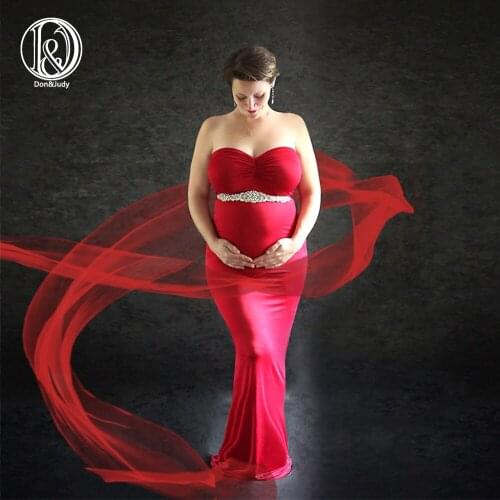 Don&Judy Maternity Dress Gown for Shoot Photo Red with Belt Maxi Pregnancy Dresses Clothes Sexy Maternity Photography Props