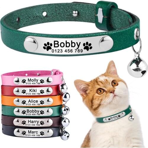 Adjustable Leather Engraved Cat Collar Custom Name Pet Products Small Large Cat Collar Unisex Cat Supplies Personalized Cat Tag