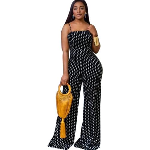 S-2XL Plus Size Summer Clothes Black Jumpsuit Women dot Printed breast wrap Sling sleeveless Wide leg Romper Dropshipping