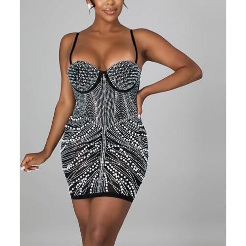Sexy Dresses For Night Sex Exotic Spaghetti Strap Diamond Beaded Bodycon Mini Elegant Evening Dinner Club Vestidos Mujer Dress