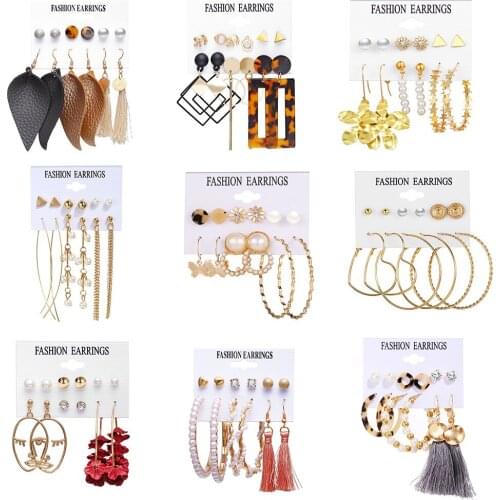 2021 Fashion Trend New Jewelry Pearl Inlaid Diamond Stud Earrings Tassel Earrings Creative Simple Retro Acrylic Earring Set