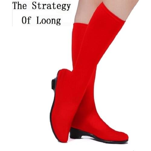 Women Popular Minority Dance Shoes Slip-On Cotton Fabric Vamp Mid-Calf Height Med Square Heels Rubber Inside Boots 20181026