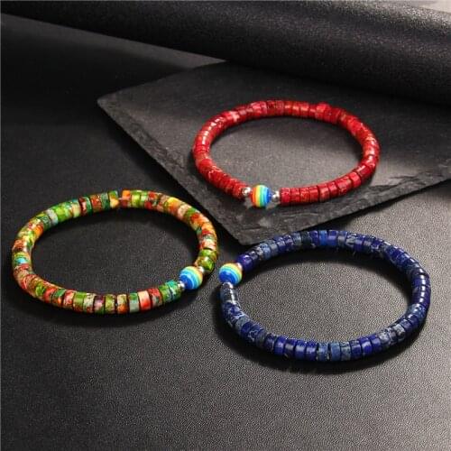 Imperial Jaspers Flake Stone Bracelet Rainbow Ball Charm Bracelets For Women Men Couple Bangles 7 Chakras Energy Yoga Jewelry