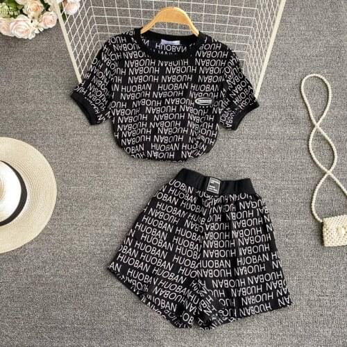 Summer Letter Print 2 Piece Sets For Women Short Sleeve T-Shirt Harajuku Loose Top High Waist Wide Leg Shorts Tracksuit zh974
