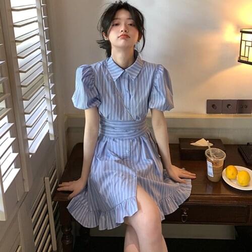 Striped Puff Sleeve Polo Collar Dress WomenS 2021 New Elegant Retro High Waist Ruffled Waist Mini Shirt Skirt Vestidos