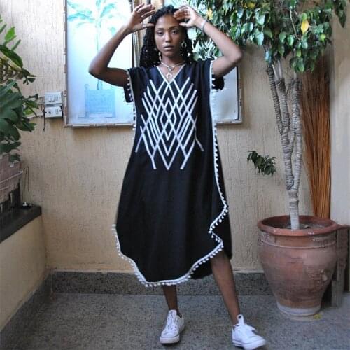 2021 Swimwear Cover-ups Elegant Embroidered Tassel Summer Midi Dress Caftan Women Clothing Beach Wear Swim Suit Cover Up Q1346