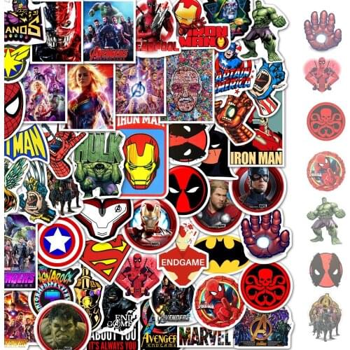 50pcs Cartoon Marvel Stickers Cool The Avengers Hulk Batman Waterproof Sticker Luggage Skateboard Guitar Laptop Stikers Kid Toy