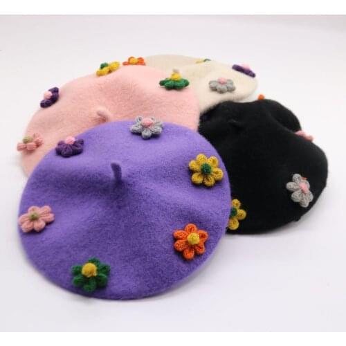 Beret for Girls Childrens Hat Parent-Child Formal Lovely Flower Winter Cap for Kids UNIbeauty