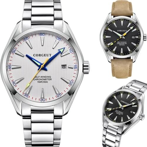 Corgeut 41mm Male Clock Automatic Relogio Masculino SEIK NH Mechanical Sapphire White Blue Black Dial Leather Mens Wrist Watch