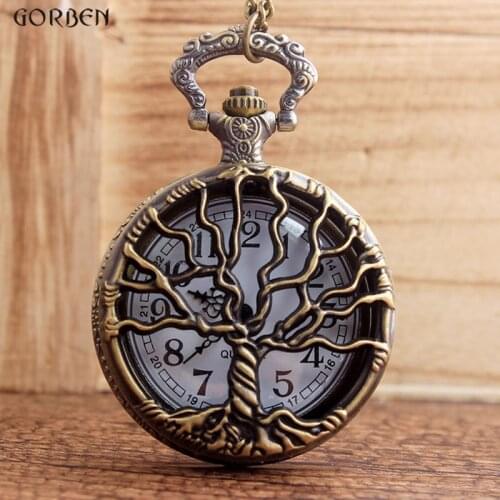 Retro New Style Unisex Bronze Hollow Tree Design Quartz Pocket Watch With Fob Chain Women Watch Pendant Necklace Chain Mens Gift