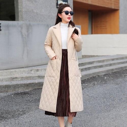 Cotton padded long winter coat female Casual pocket sash women parkas High street tailored collar stylish overcoat