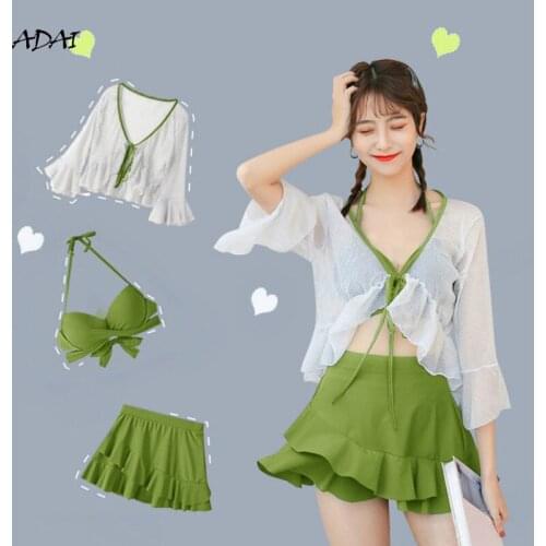 3 Piece Bikini Set Korean 2021 Cute Swimsuit Women Underwire Ruffle A-Line Skirt High Waist Bikini Cover Up See Through Bikinis