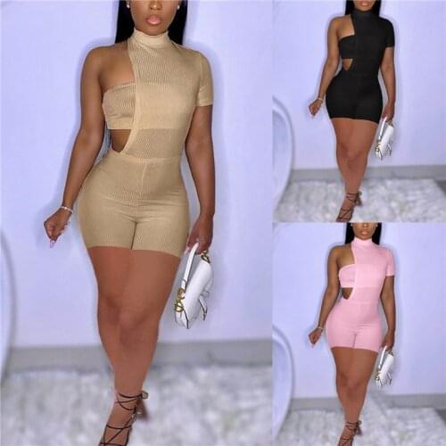 CHRONSTYLE 2 Pieces Suits Sexy Women Tube Tops Bustiers Clubwear Single Sleeve Off Shoulder Hollow Out Jumpsuits Biker Shorts