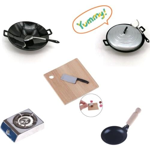 DIY 1/12 Dollhouse Cooking Pan Pot Shovel Kitchen Food Knife+Chopping For Dollhouse Miniature Kitchen Cookware Accessories