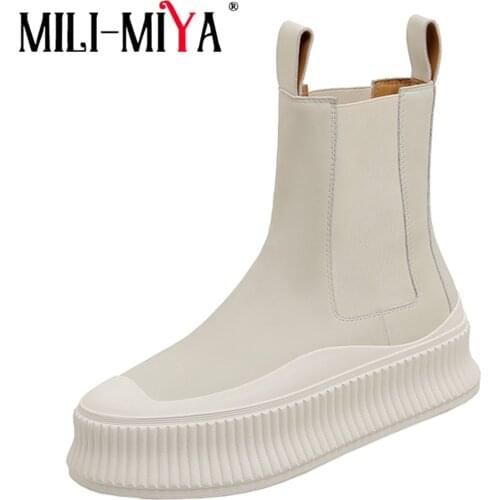 MILI-MIYA New Luxury Autumn Women Chelsea Ankle Boots Waterproof Girl Flat Platform Round Toe Slip On Casual Wild Shoes Apricot