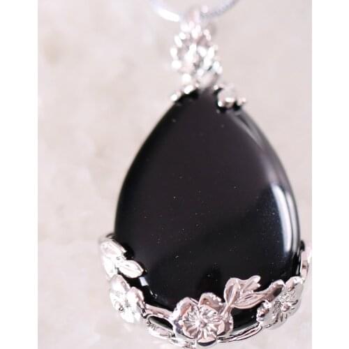 Fashion Jewelry 27x36MM Water Drop Natural Stone Bead Black Onyx Pendant 1Pcs with Chain 18inches K321