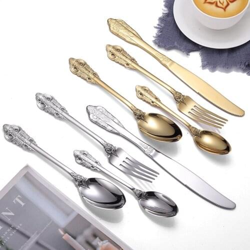 304 Stainless Steel Cutlery Set Retro Embossed Western-style Dinner Spoon Steak Knife and Fork Coffee Teaspoon Dinner Tableware