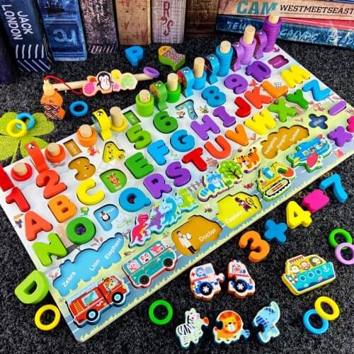 New Montessori Traffic Seven-in-one Logarithmic Board Childrens Fishing Three-dimensional Logarithmic Board Wooden Toys