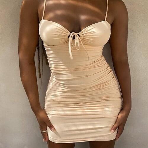 Sexy Apricot Straped Off Shoulder Women Dress Slim Pink Lace Up Party Dresses Bodycon Summer Casual Pleated Dress Vestidos 2021