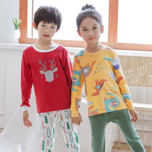 Cartoon Fawn Dinosaur Clothes Suits For Boys Long Sleeve Pajama Set Pijamas Suits For Girls Toddlers Spring Sleepwears Nighties