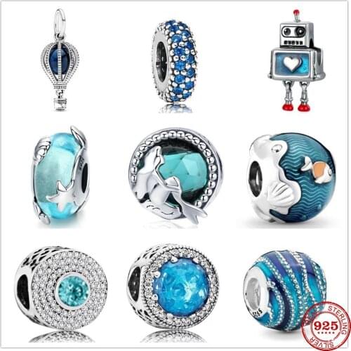925 Sterling Silver Metal Beads Blue Wave Ocean Murano Glass Charm fit Original 3mm Pan charms Silver 925 Bracelet Genuine Gifts