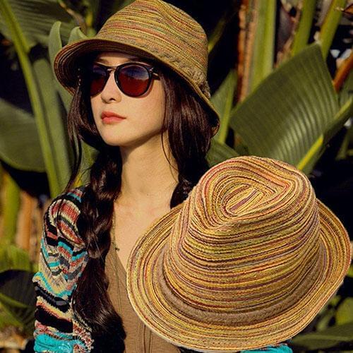 Women Summer Hat Lady Straw Hat Rattan Sun Hats Foldable Striped Braided Rope Bucket Cap Straw Sun Hats Sun Hats for Women cap