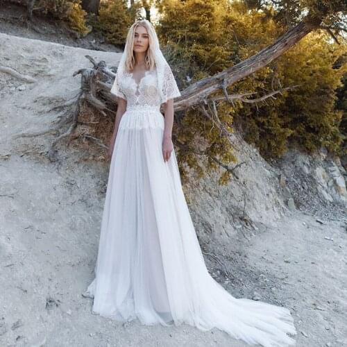 Sweetheart Neckline Lace and Tulle Champagne Wedding Dress Illusion Back with Button and Wraps Bohemian Bridal Dress