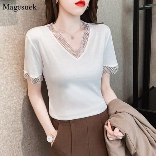 Korean Clothes Short Sleeve Women Shirt White Summer New Bottom Loose V-neck Blouse Tops Fashion Hollow Out Mesh Blouses 13592