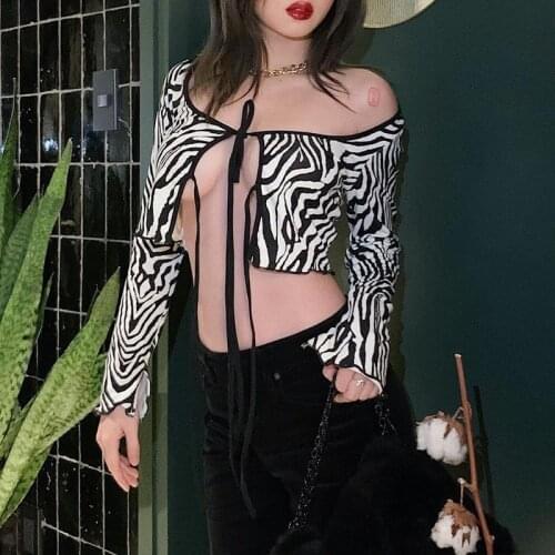Lady Zebra Skin Print Lace-up Bust Short-length Hipster Outdoor Top T Shirt Sexy Gothic Women Cardigan Tshirt 2021 Spring