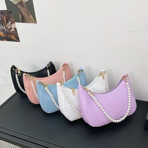 Fashion Women PU Leather Shoulder Bags Pure Color Pearl Chain Underarm Bag Casual All-match Ladies Small Hobos Handbags Purses