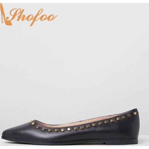 Shofoo Rivet Ballet Flats Woman Shoes Large Size 12 15 Black Pointed Toe Slip On Office Ladies Formal Footwear Summer Fashion