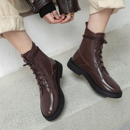 QZYERAI 2021 New Full Nature Genuine Leather Boots Women Shoes Lace Up Platform Autumn Winter Ladies Motorcycle Ankle Boots