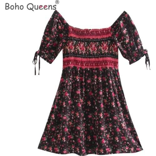 Boho Queens Boho Queens women floral print bohemian mini dress Ladies short sleeve square collar sexy dresses vestidos