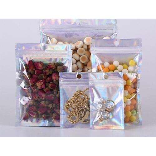 100Pcs Iridescent Zip lock Bags Pouches Cosmetic Plastic Laser Iridescent Bags Holographic Makeup Bags Hologram Zipper Bags