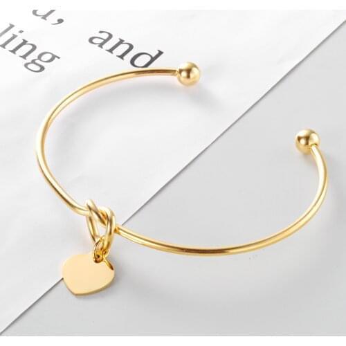 15Pcs/lot Stainless Steel Heart Knot Bangle With a heart pendant Open Cuff Wrist Bangles 2mm Thickness Banglle