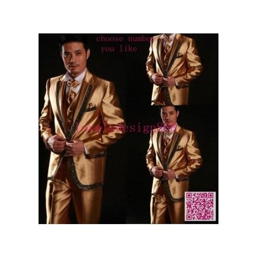 2015 Golden Yellow Jacket With Lapel Black collar edge Groom Tuxedos Groomsmen Best Man Suits Mens Wedding/Business Suits