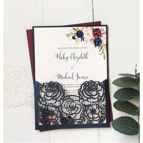 50pcs Free Shipping laser cut Elegant flowers design pocket style Paper Wedding Party Invitation Cards with inner Blank paper
