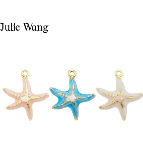 Julie Wang 6PCS Starfish Charms Enamel Pink Blue White Gold Tone Bracelet Necklace Alloy Pendant Jewelry Making Accessory