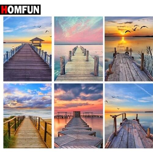 HOMFUN 5D Diy Diamond Painting Cross Stitch "Dusk sunset bridge scenery" Home Decor Full Rhinestones Inlay Diamond Embroidery