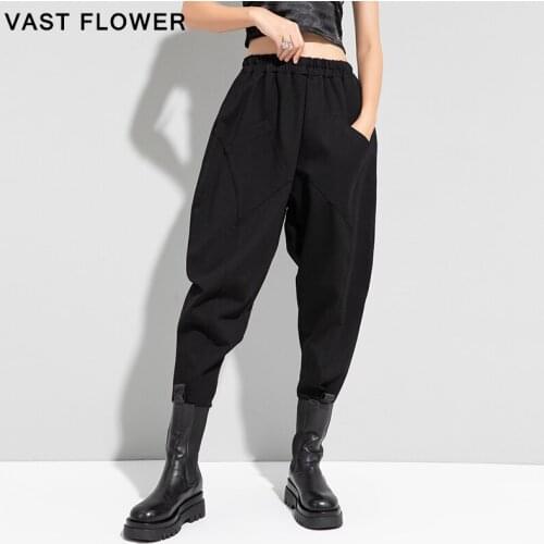 Patchwork Pocket Black Harem Pants Women New High Elastic Waist Casual Loose Vintage Trousers Winter 2020 Fashion Streetwear