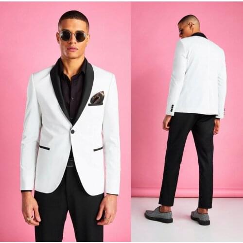 Hot Sale White Mens Wedding Tuxedos 2 Pieces Shawl Lapel One Button Groom Wear Prom Party Blazer Jacket (Jacket+Pants)