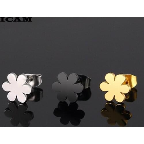 ICAM Cute Korea Steel Flower Stud kids Cute Earrings For Womens Gold Silver Black Earrings Party Jewelry Gifts Girls